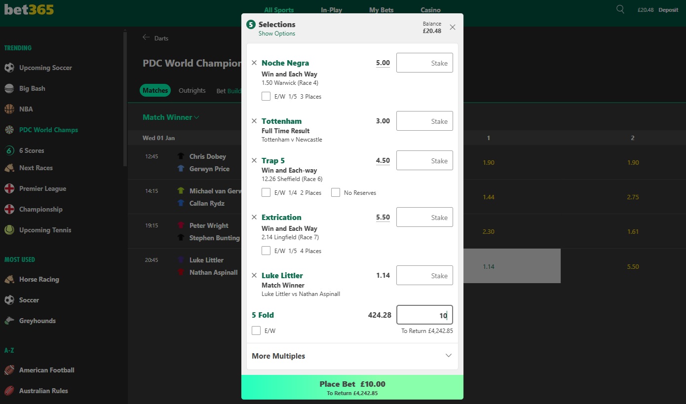 bet365 betslip with 2 horses, 1 greyhound, 1 football team and a darts player added to the betslip with a £10 stake